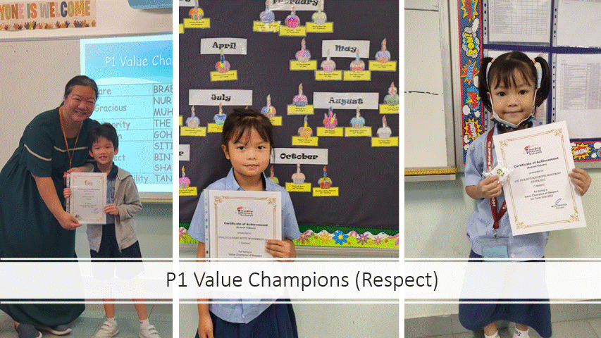 Three young students holding certificates of achievement labeled P1 Value Champions for Respect in a school setting.